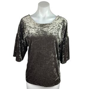 Bobeau Emma Olive Green Velvet Velour Short Bell Sleeve Pullover Blouse Top Sz M